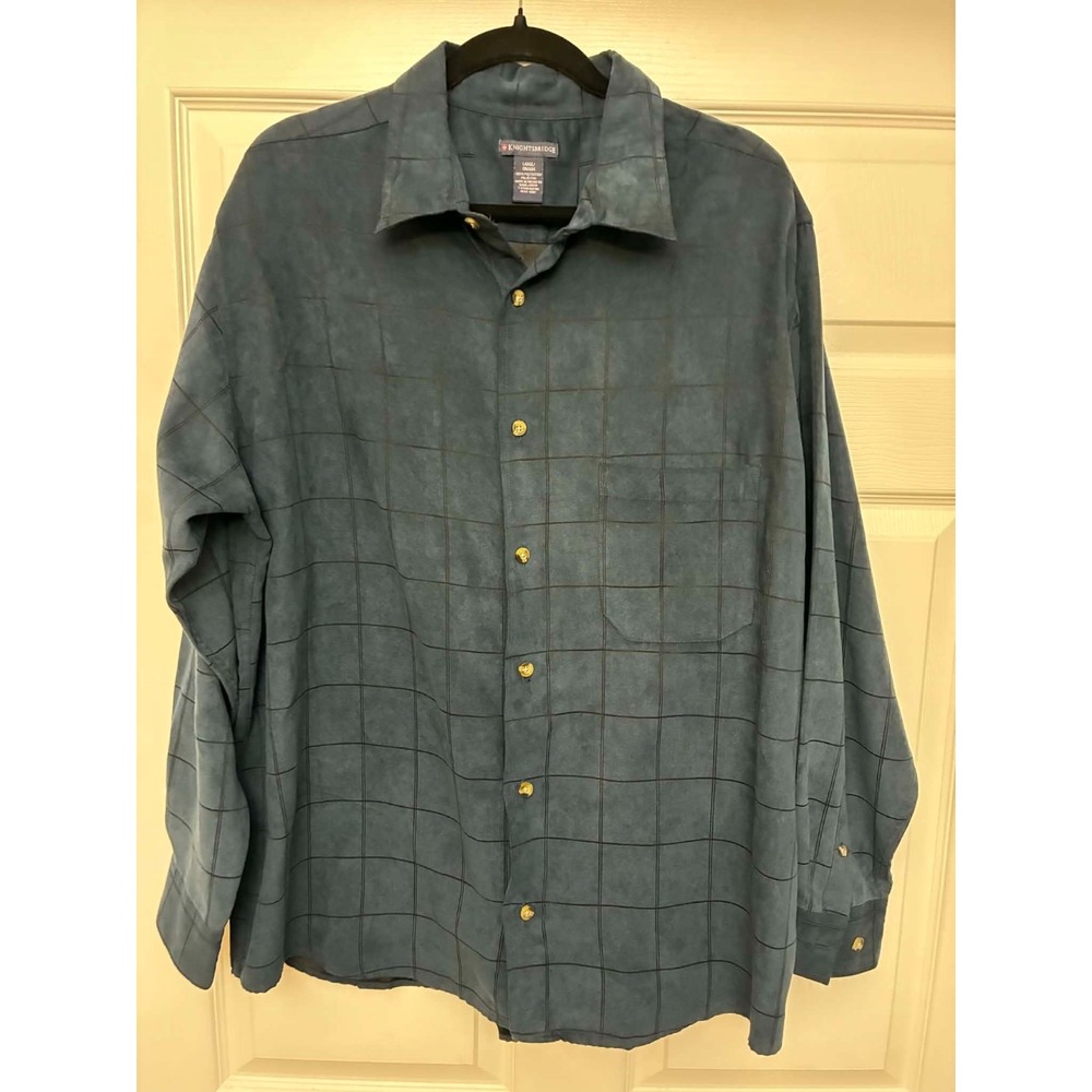 Knightsbridge Men's Button Up Shirt Large Blue Windowpane Long Sleeve Casual